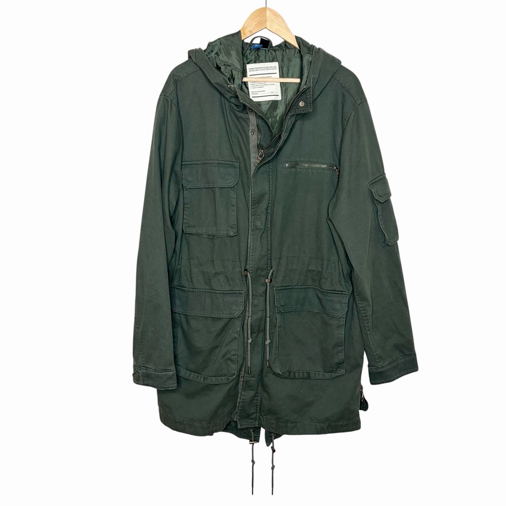 H&M Divided Military Jacket Mens XL Green Hooded Field Coat Utility Full Zip